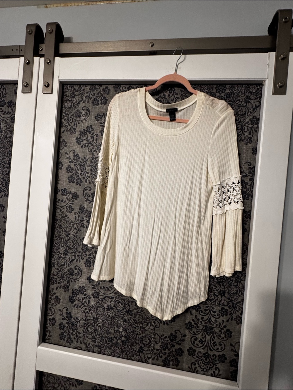new directions Cream Ribbed Tunic with Crochet Bell Sleeves